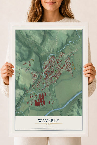 Map of Waverly, Ohio, 18 x 24 inch print in a white wood frame