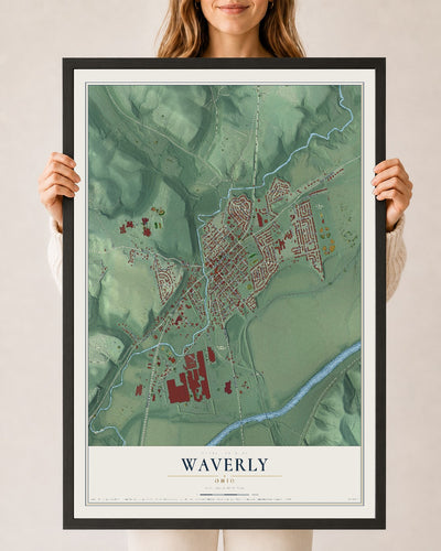 Map of Waverly, Ohio, 24 x 36 inch print in a black wood frame