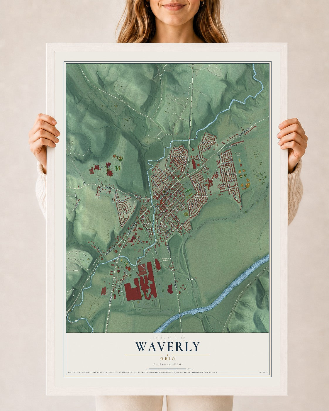 Map of Waverly, Ohio, 24 x 36 inch print in a white wood frame