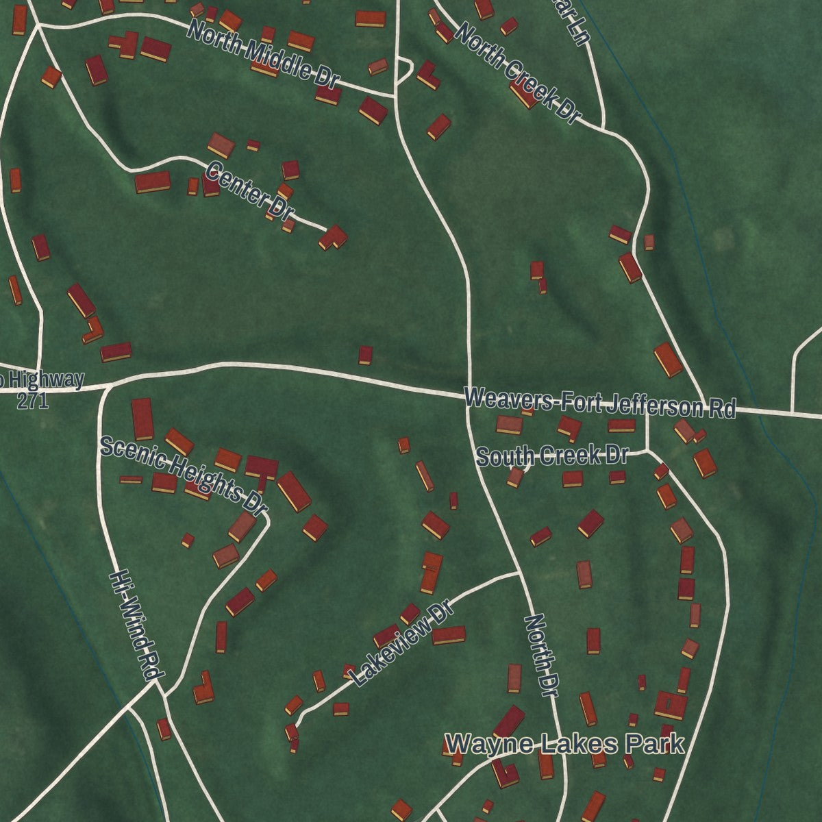 Close-up of the map of Wayne Lakes, Ohio print showing street and building detail