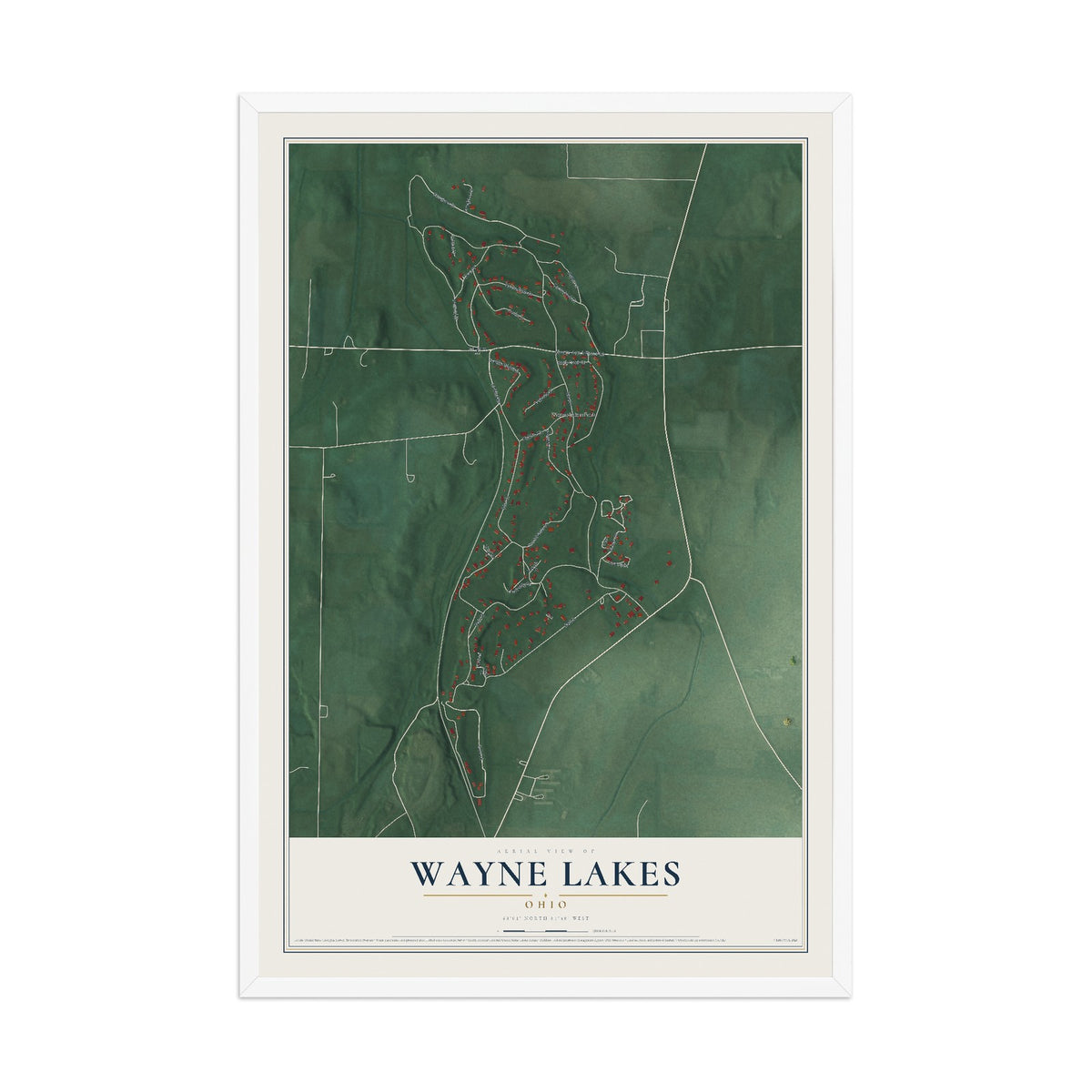 Map of Wayne Lakes, Ohio, 12 x 18 inch print in a white wood frame
