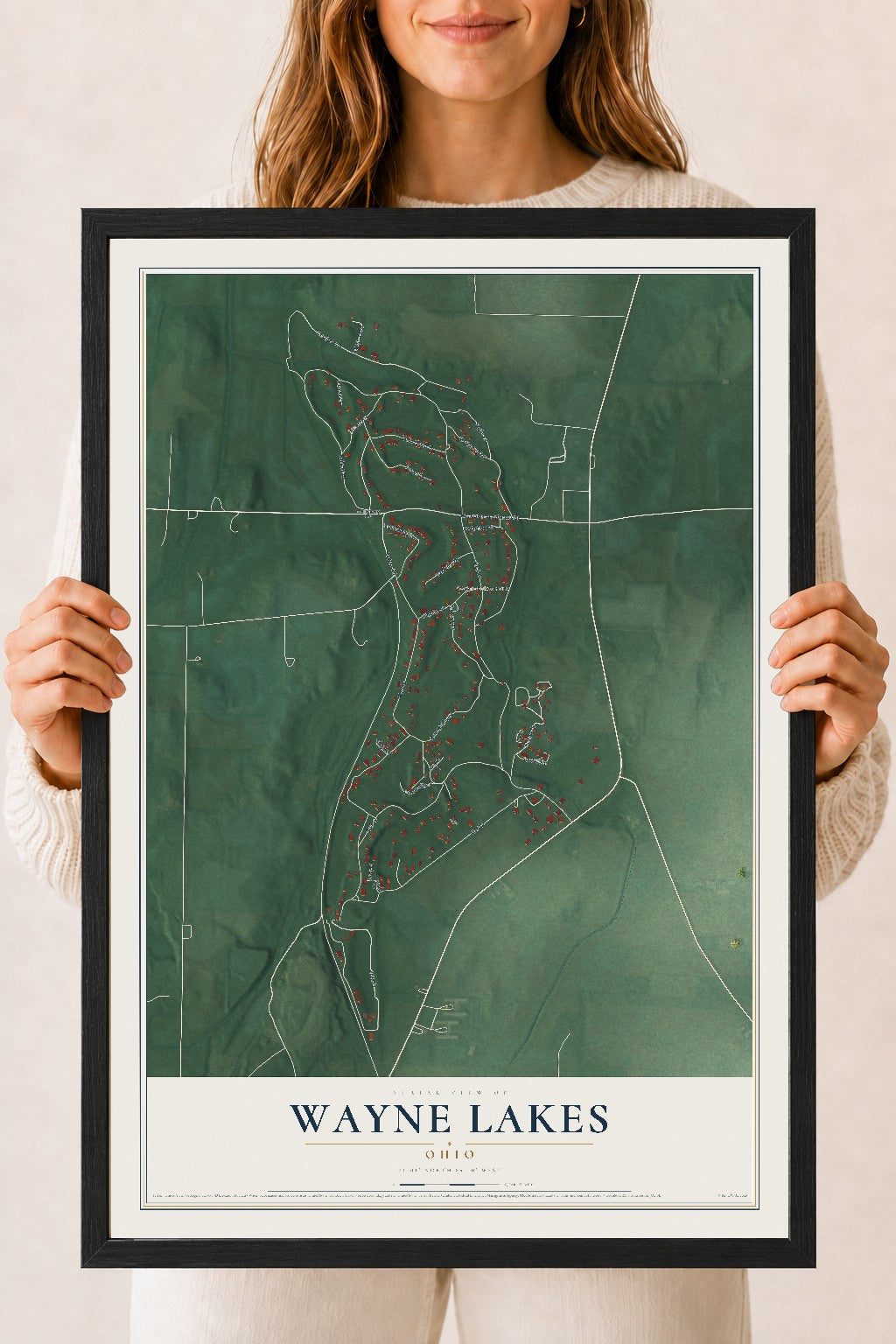 Map of Wayne Lakes, Ohio, 18 x 24 inch print in a black wood frame
