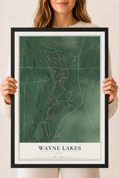 Map of Wayne Lakes, Ohio, 18 x 24 inch print in a black wood frame