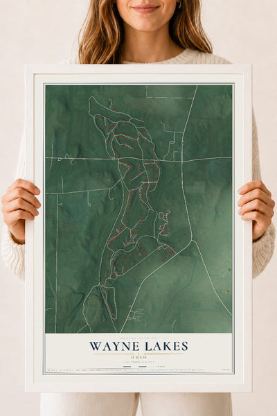 Map of Wayne Lakes, Ohio, 18 x 24 inch print in a white wood frame