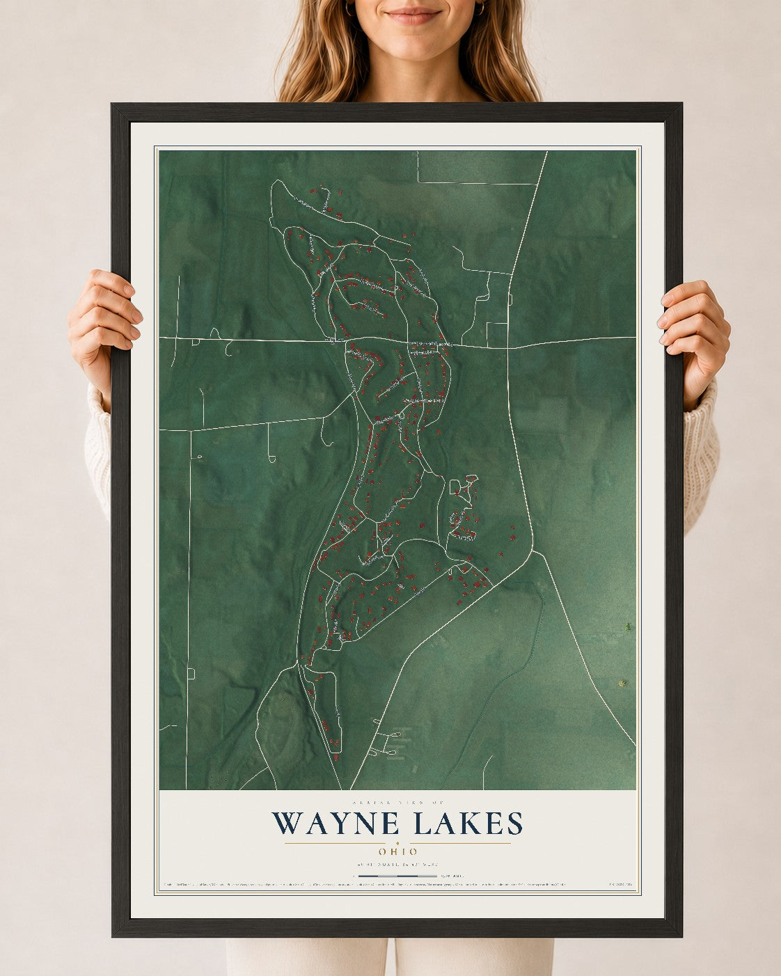 Map of Wayne Lakes, Ohio, 24 x 36 inch print in a black wood frame