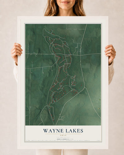 Map of Wayne Lakes, Ohio, 24 x 36 inch print in a white wood frame