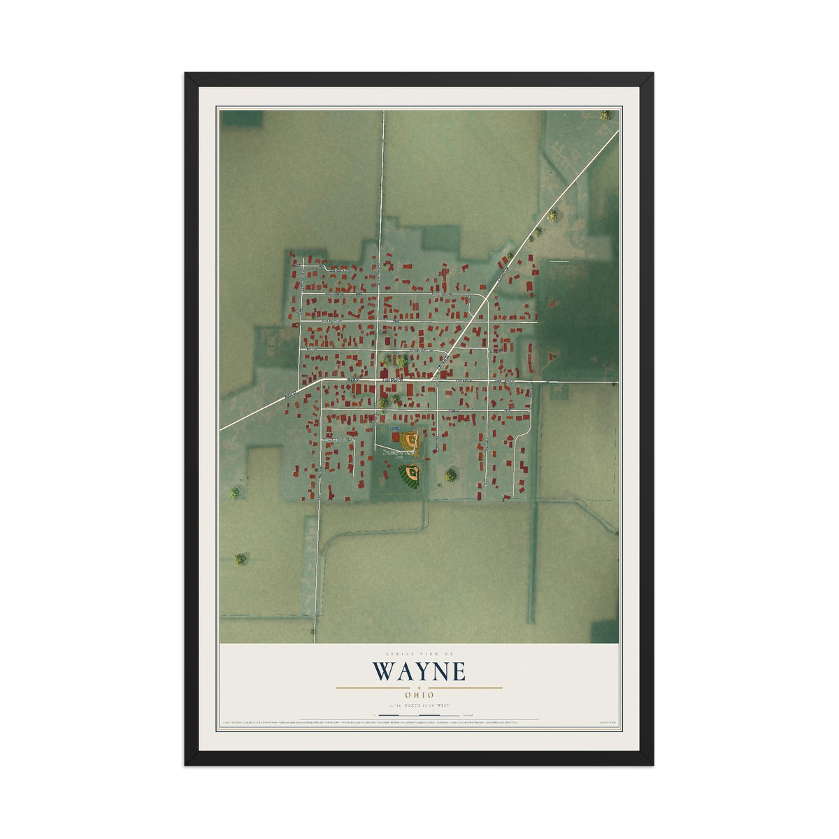 Map of Wayne, Ohio, 12 x 18 inch print in a black wood frame