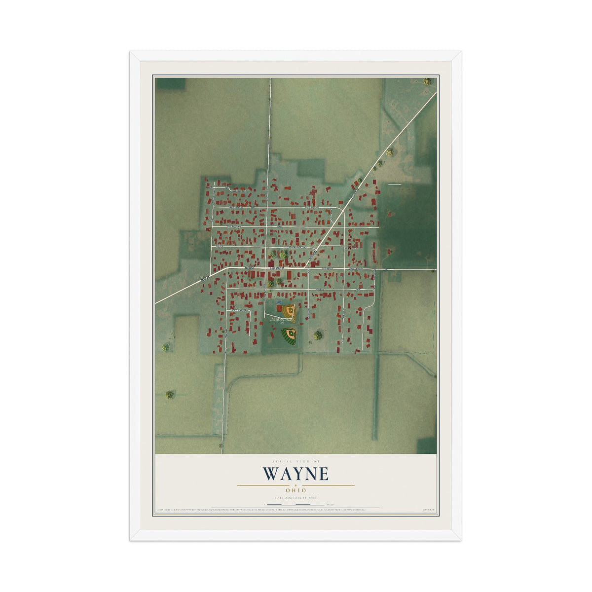 Map of Wayne, Ohio, 12 x 18 inch print in a white wood frame