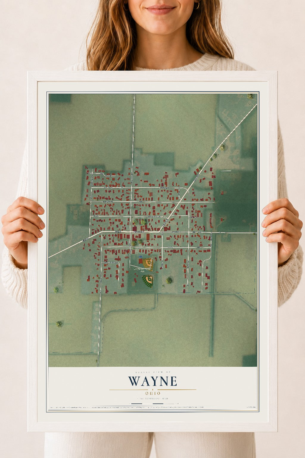 Map of Wayne, Ohio, 18 x 24 inch print in a white wood frame