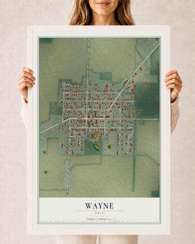 Map of Wayne, Ohio, 24 x 36 inch print in a white wood frame