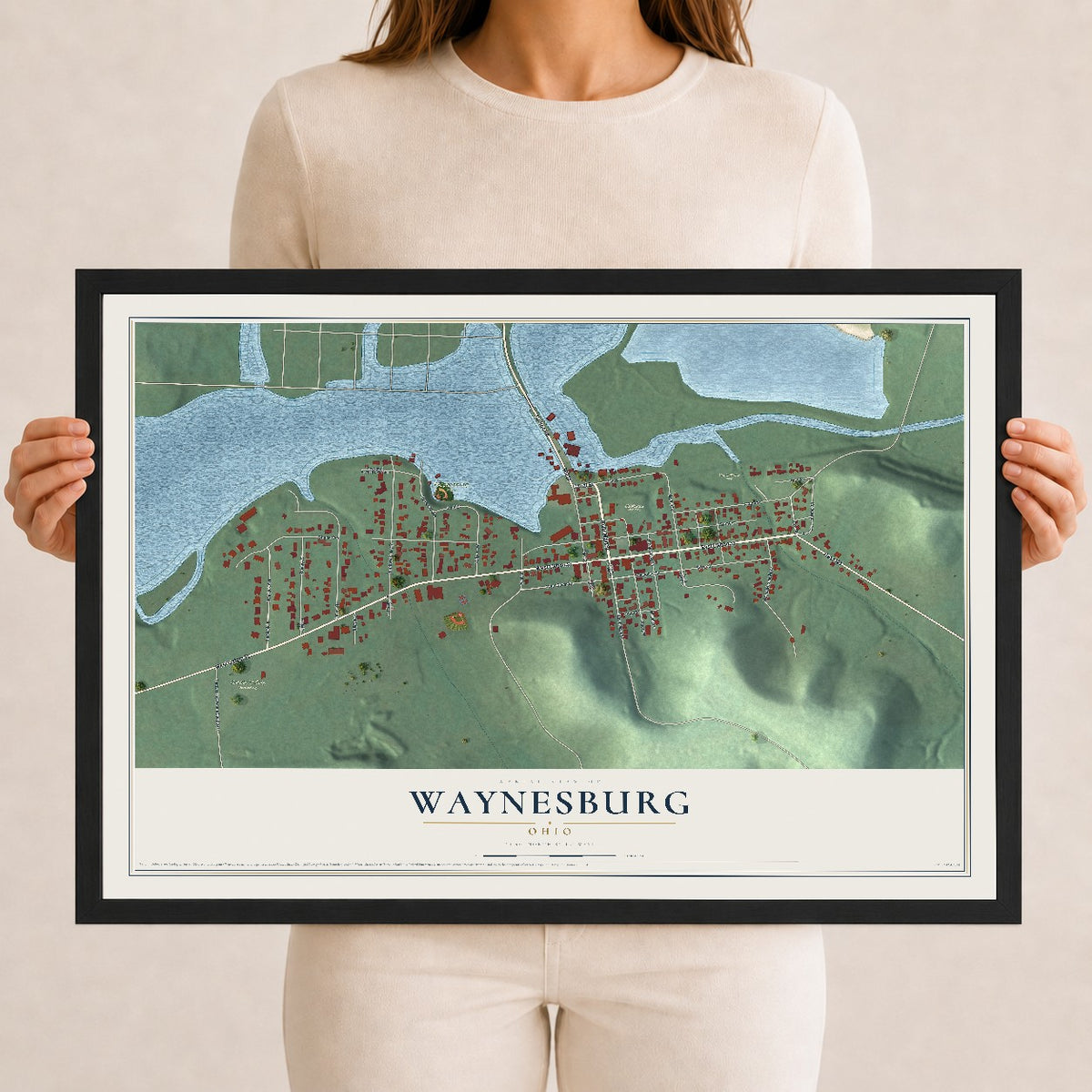 Map of Waynesburg, Ohio, 12 x 18 inch print in a black wood frame