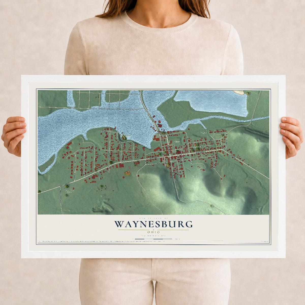Map of Waynesburg, Ohio, 12 x 18 inch print in a white wood frame