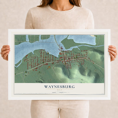 Map of Waynesburg, Ohio, 12 x 18 inch print in a white wood frame