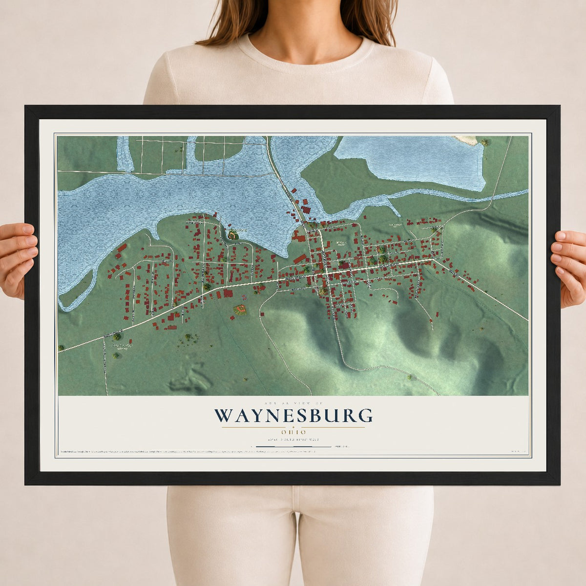 Map of Waynesburg, Ohio, 18 x 24 inch print in a black wood frame