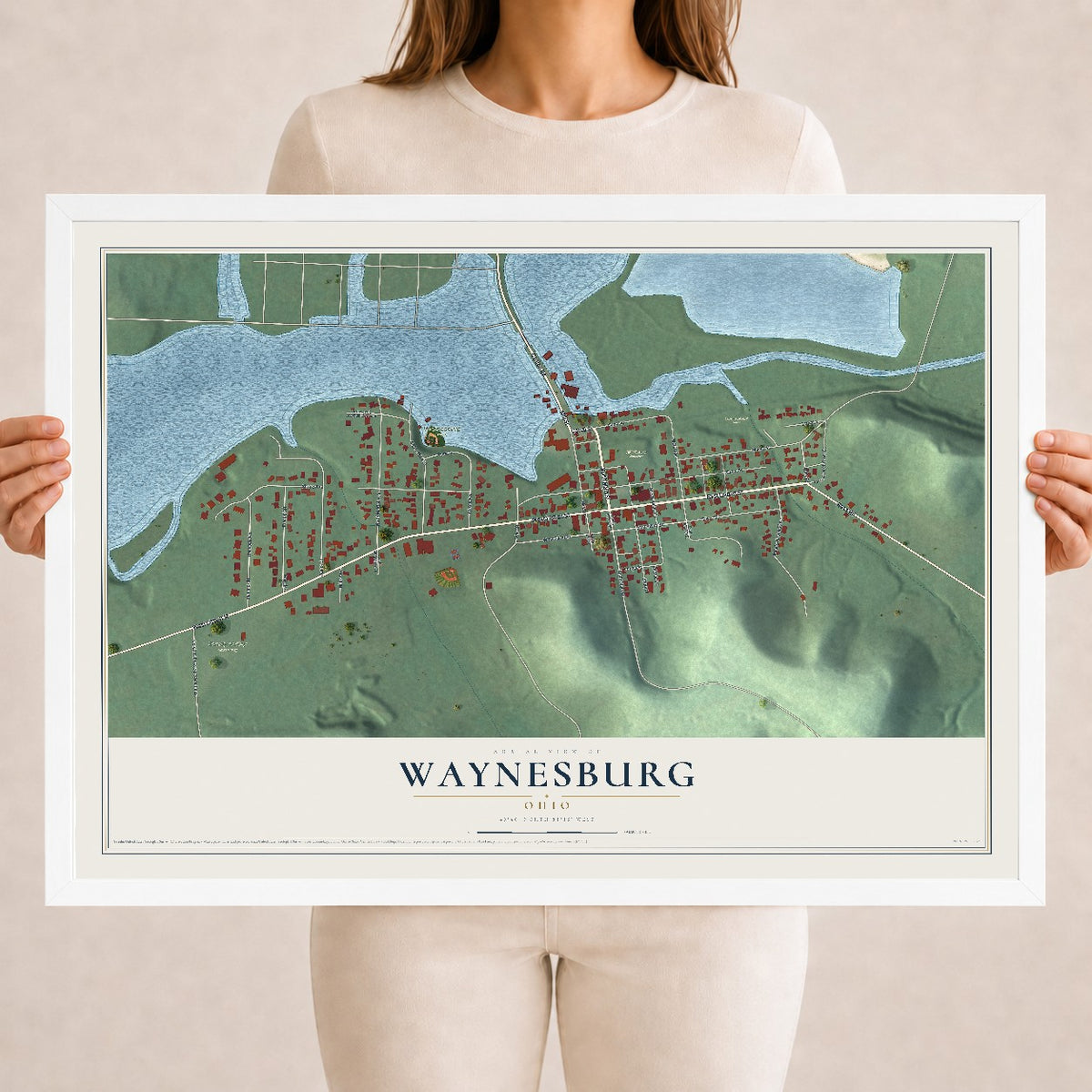 Map of Waynesburg, Ohio, 18 x 24 inch print in a white wood frame