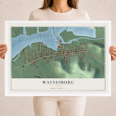 Map of Waynesburg, Ohio, 18 x 24 inch print in a white wood frame