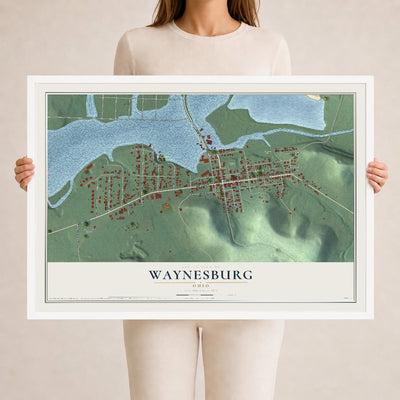 Map of Waynesburg, Ohio, 24 x 36 inch print in a white wood frame