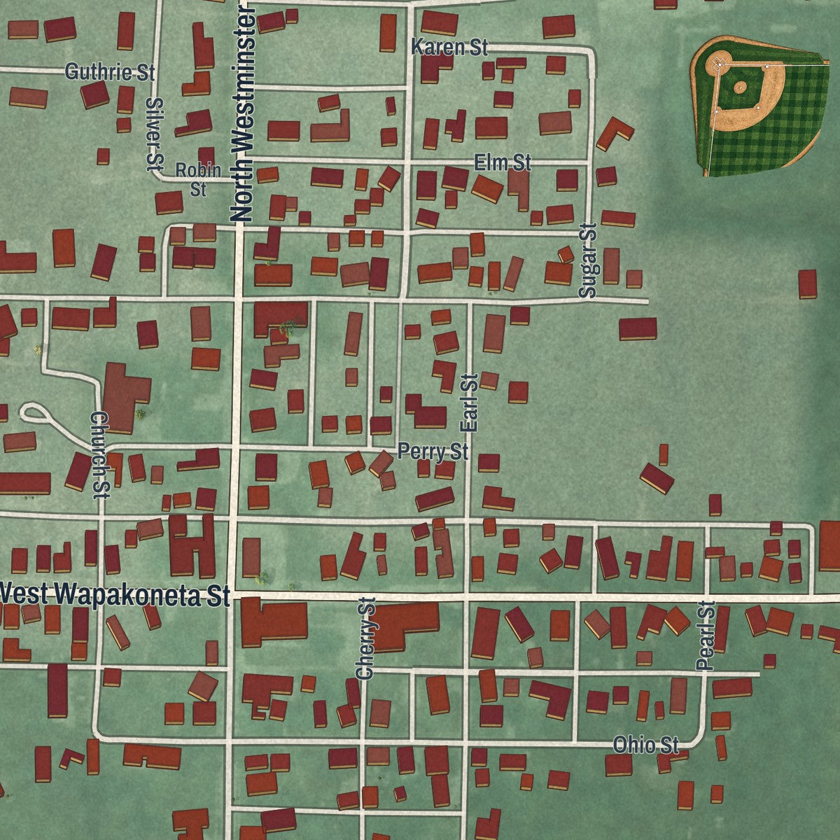 Close-up of the map of Waynesfield, Ohio print showing street and building detail