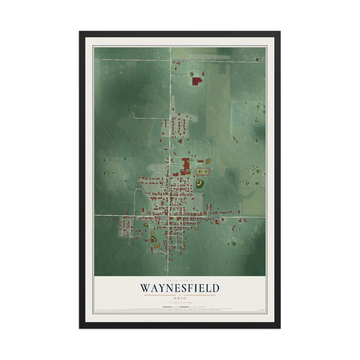 Map of Waynesfield, Ohio, 12 x 18 inch print in a black wood frame