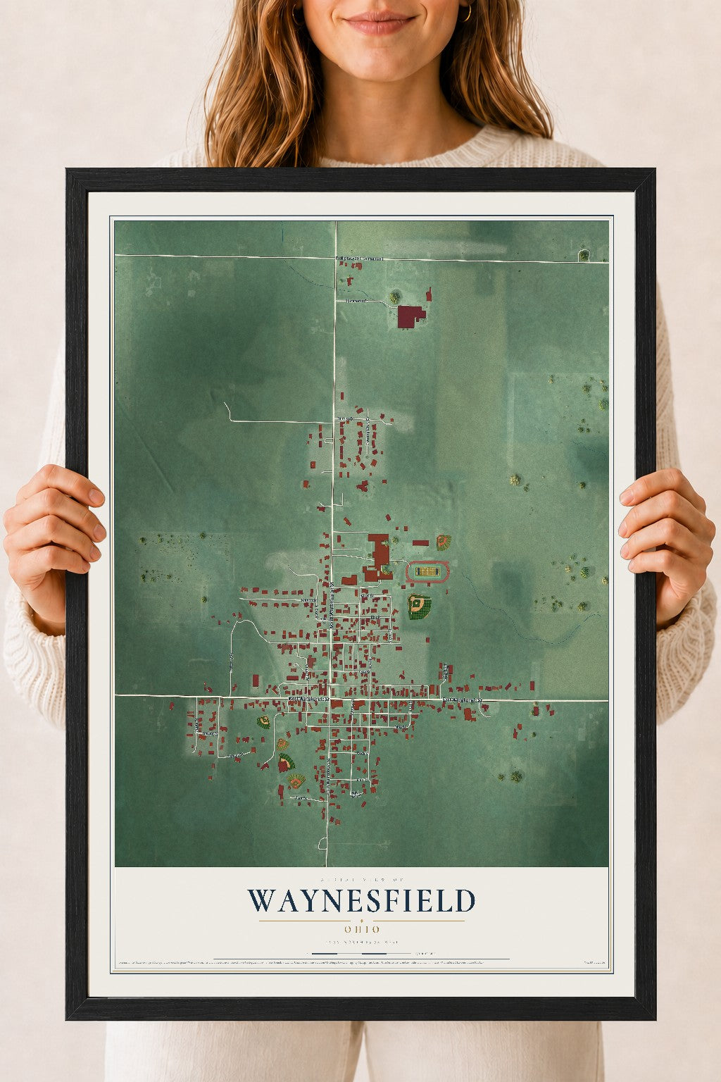 Map of Waynesfield, Ohio, 18 x 24 inch print in a black wood frame