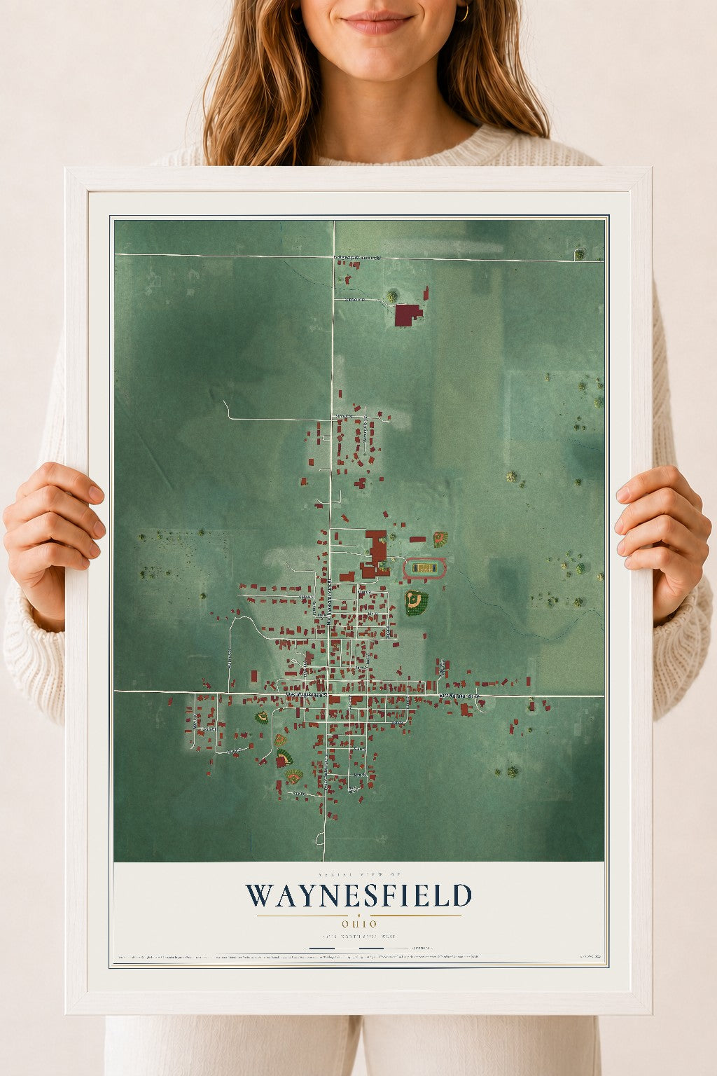 Map of Waynesfield, Ohio, 18 x 24 inch print in a white wood frame
