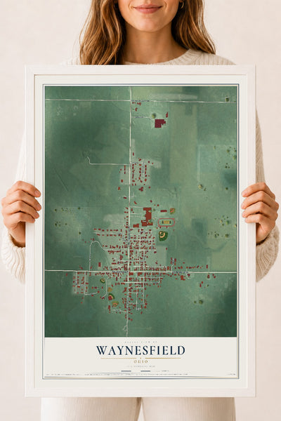 Map of Waynesfield, Ohio, 18 x 24 inch print in a white wood frame