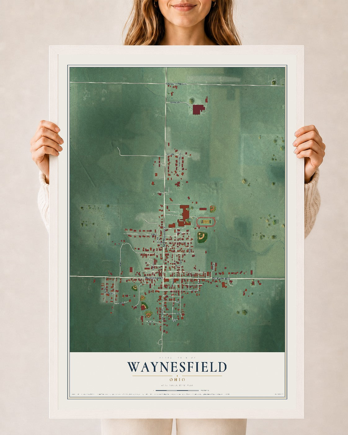 Map of Waynesfield, Ohio, 24 x 36 inch print in a white wood frame
