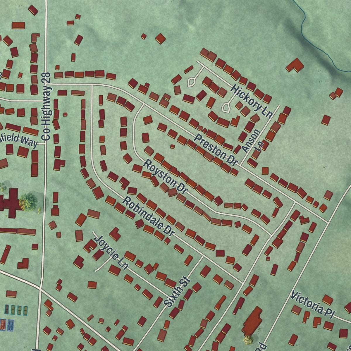 Second close-up of the map of Waynesville, Ohio print showing more streets and buildings