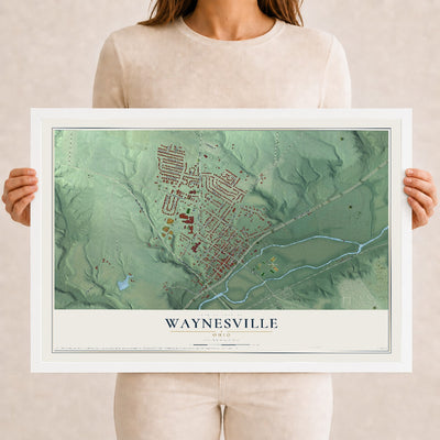 Map of Waynesville, Ohio, 12 x 18 inch print in a white wood frame