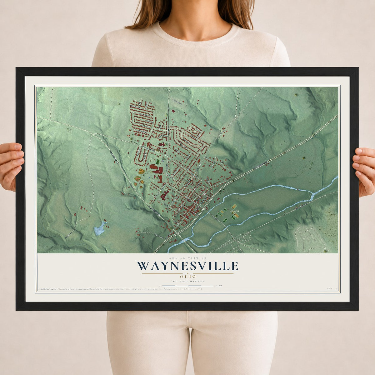 Map of Waynesville, Ohio, 18 x 24 inch print in a black wood frame