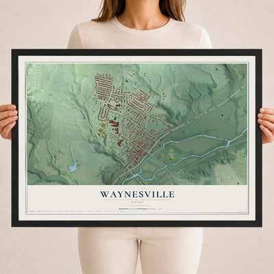 Map of Waynesville, Ohio, 18 x 24 inch print in a black wood frame