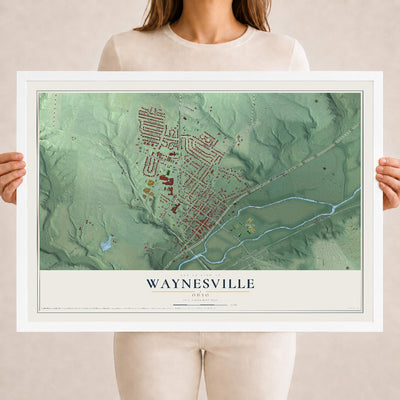 Map of Waynesville, Ohio, 18 x 24 inch print in a white wood frame