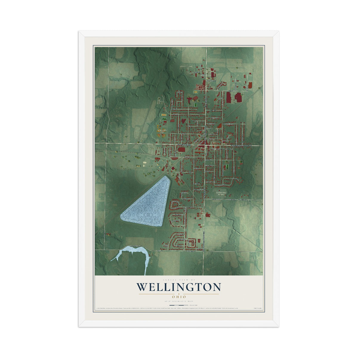 Map of Wellington, Ohio, 12 x 18 inch print in a white wood frame