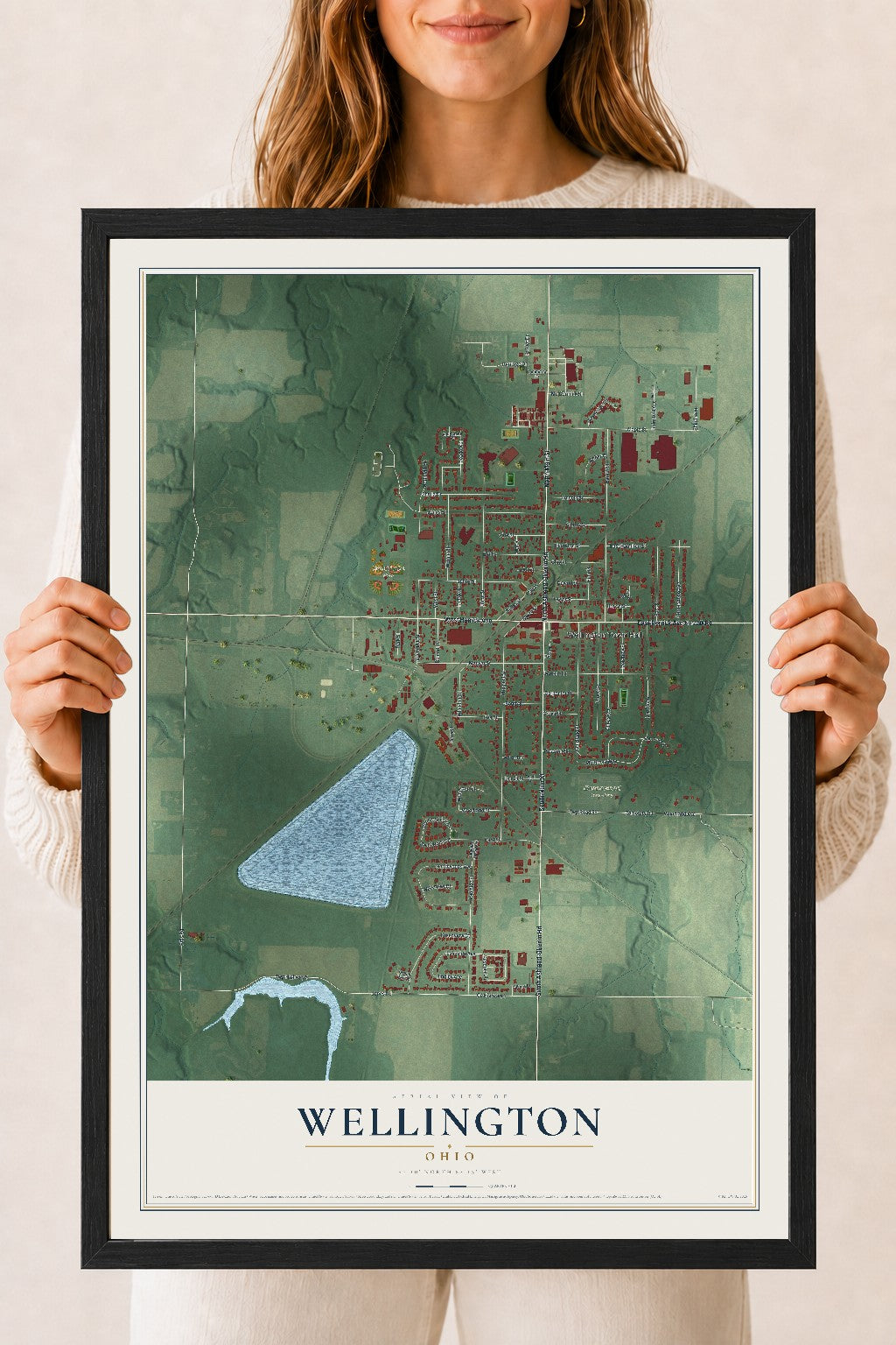Map of Wellington, Ohio, 18 x 24 inch print in a black wood frame