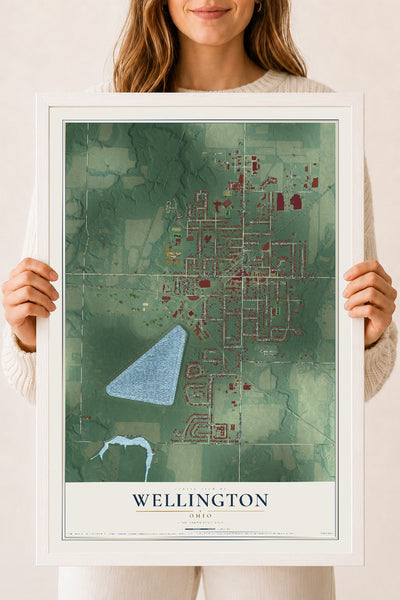 Map of Wellington, Ohio, 18 x 24 inch print in a white wood frame