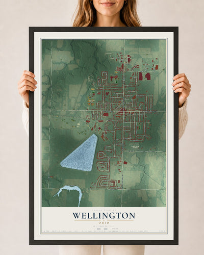Map of Wellington, Ohio, 24 x 36 inch print in a black wood frame