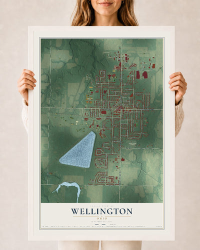 Map of Wellington, Ohio, 24 x 36 inch print in a white wood frame
