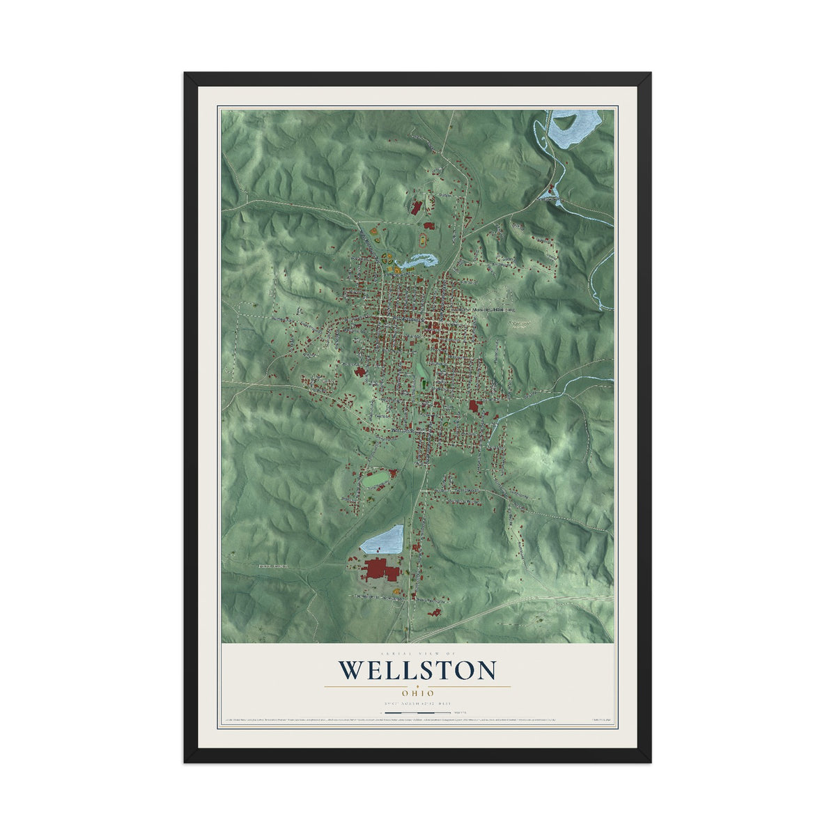 Map of Wellston, Ohio, 12 x 18 inch print in a black wood frame