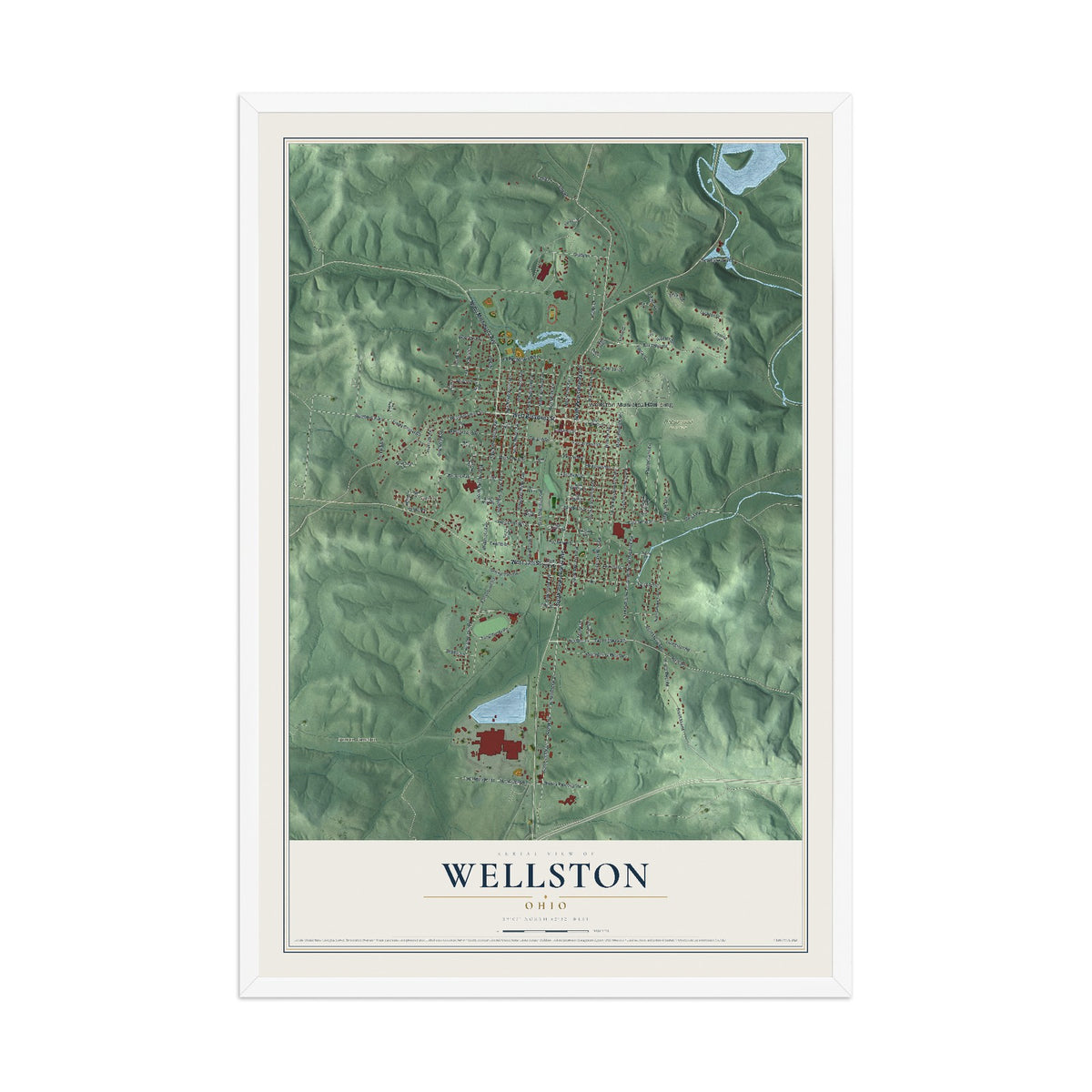 Map of Wellston, Ohio, 12 x 18 inch print in a white wood frame