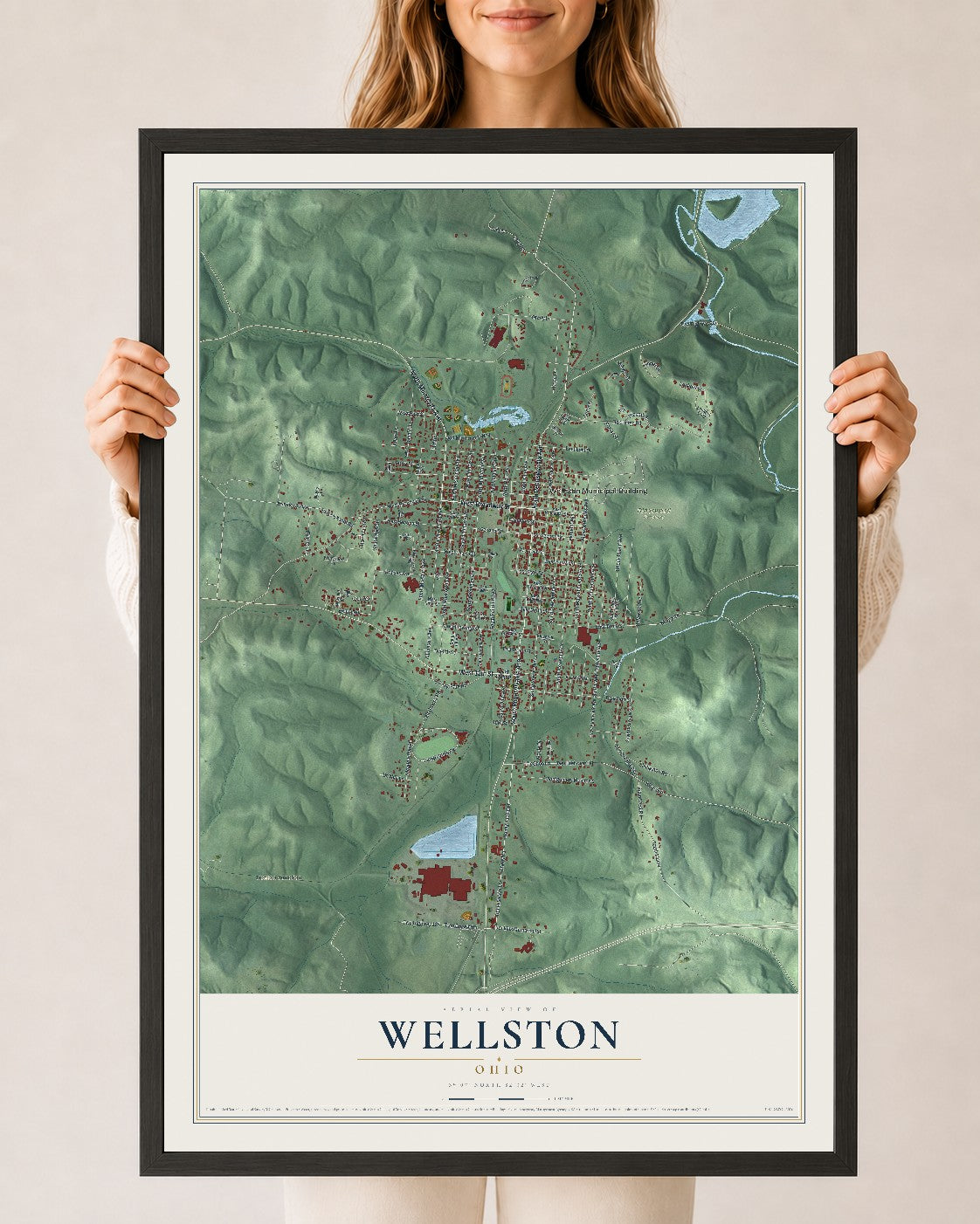 Map of Wellston, Ohio, 24 x 36 inch print in a black wood frame
