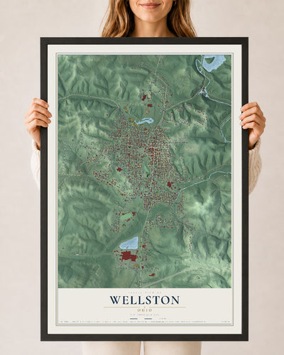 Map of Wellston, Ohio, 24 x 36 inch print in a black wood frame