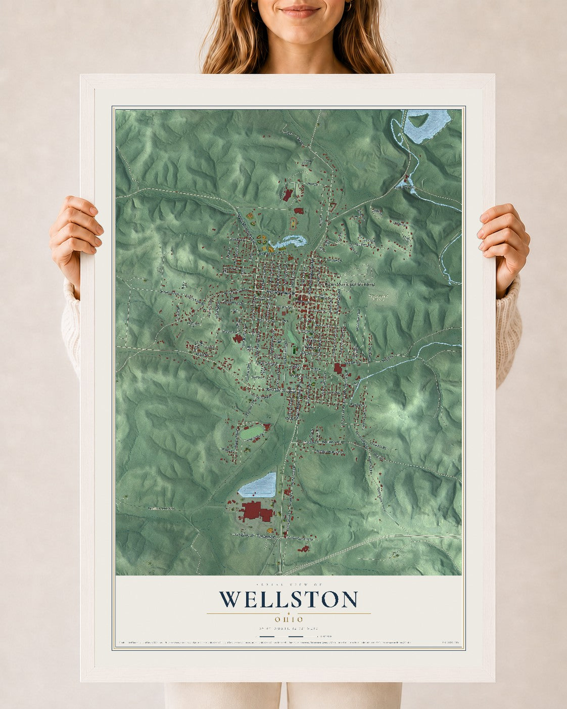 Map of Wellston, Ohio, 24 x 36 inch print in a white wood frame