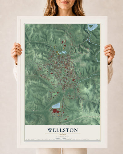 Map of Wellston, Ohio, 24 x 36 inch print in a white wood frame