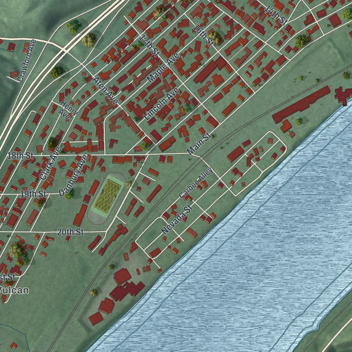 Close-up of the map of Wellsville, Ohio print showing street and building detail