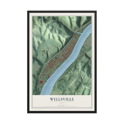 Map of Wellsville, Ohio, 12 x 18 inch print in a black wood frame