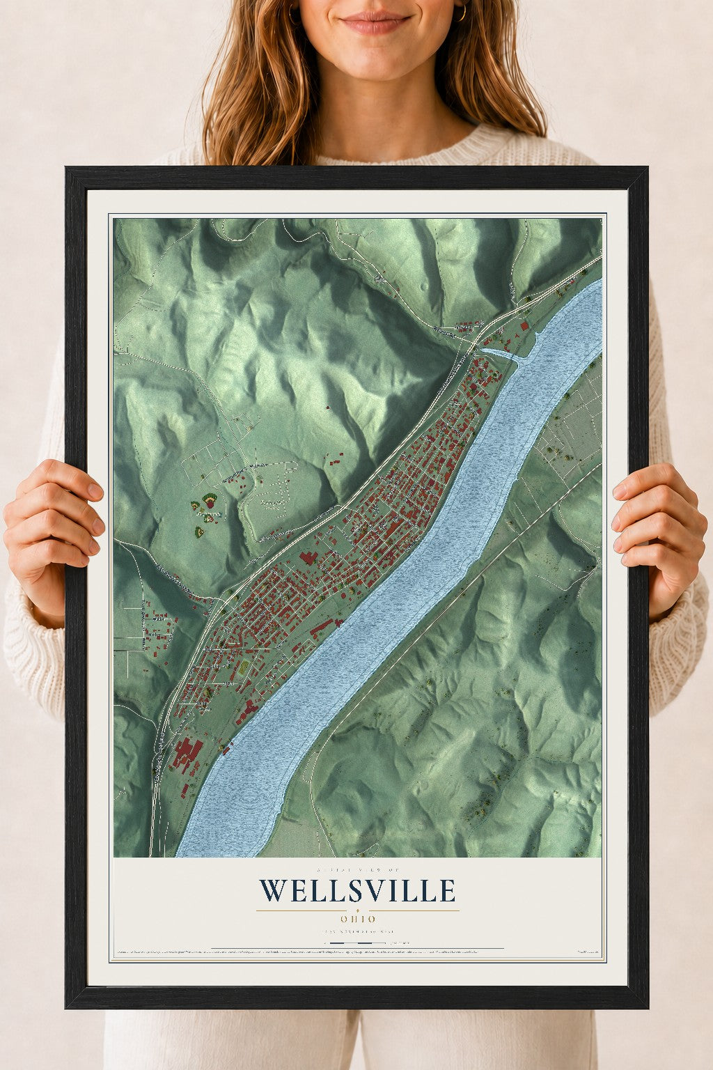 Map of Wellsville, Ohio, 18 x 24 inch print in a black wood frame