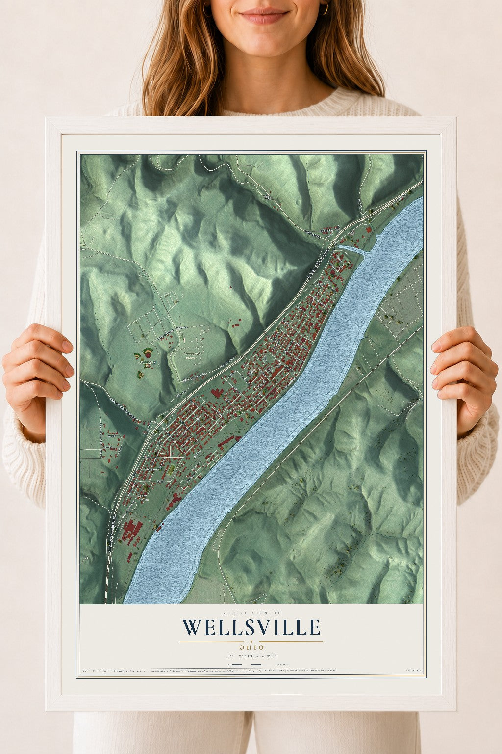 Map of Wellsville, Ohio, 18 x 24 inch print in a white wood frame