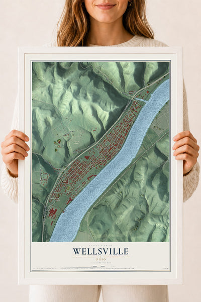 Map of Wellsville, Ohio, 18 x 24 inch print in a white wood frame