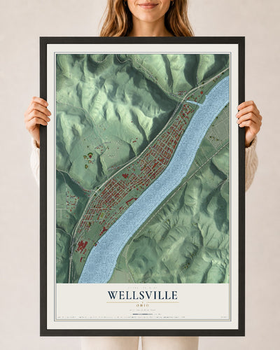 Map of Wellsville, Ohio, 24 x 36 inch print in a black wood frame