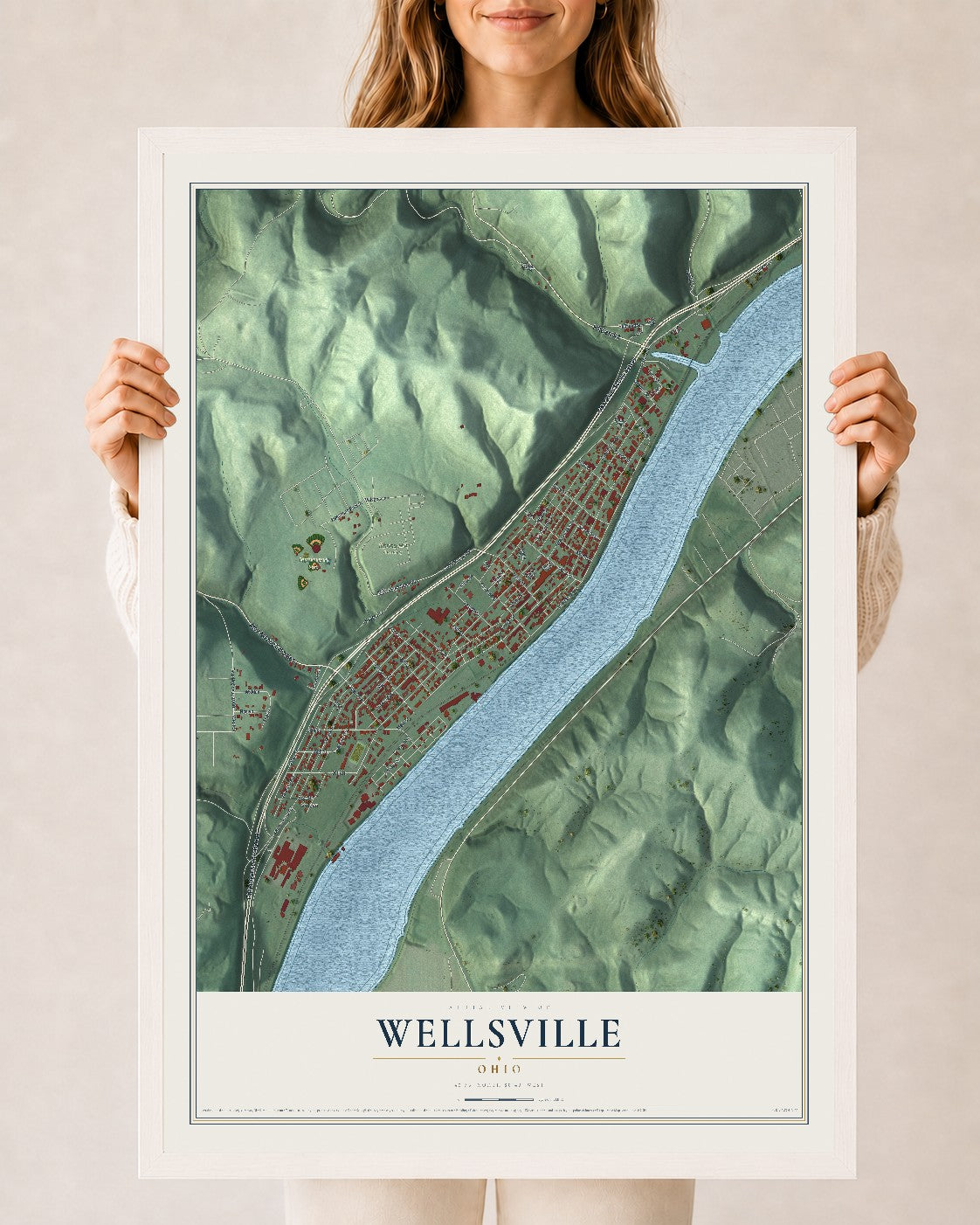 Map of Wellsville, Ohio, 24 x 36 inch print in a white wood frame